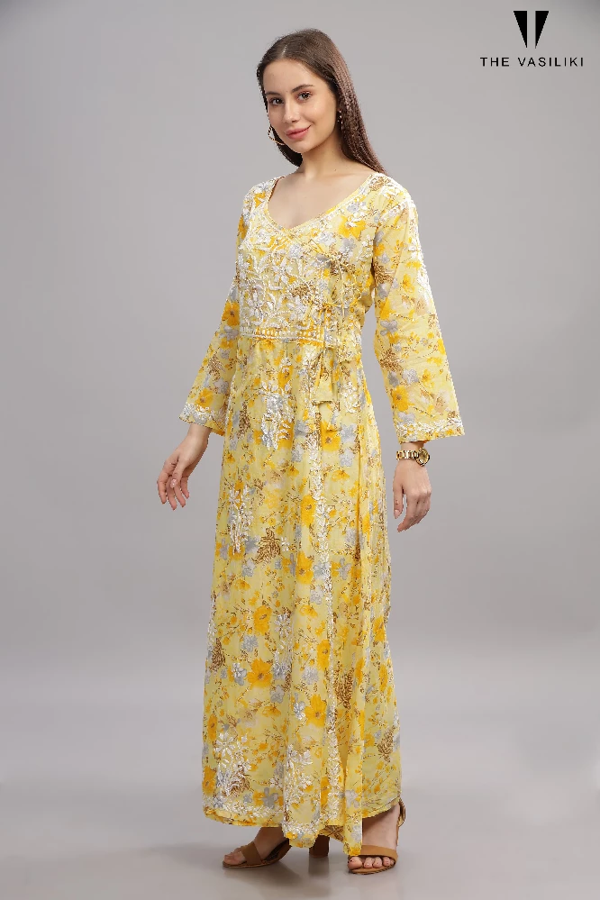 Flowery Yellow Mulmul Cotton Anarkali Gown with White Chikankari Embroidery-5.webp